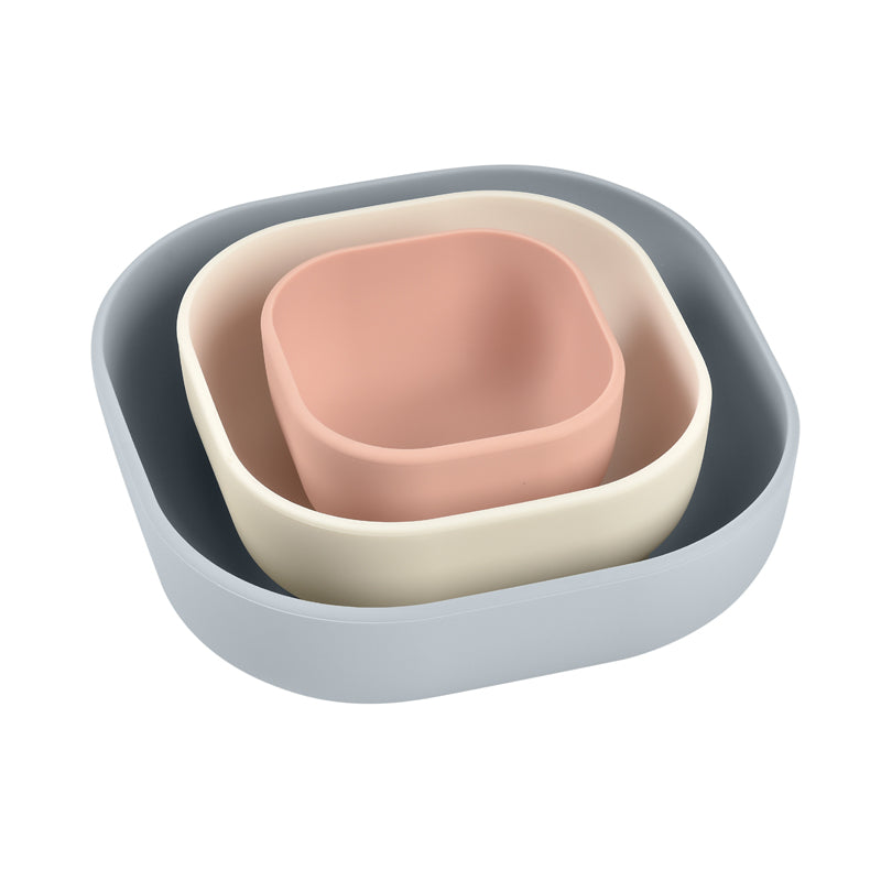 Béaba Set of 3 Silicone Bowls (Velvet grey/Cotton/Dusty rose) at Baby City