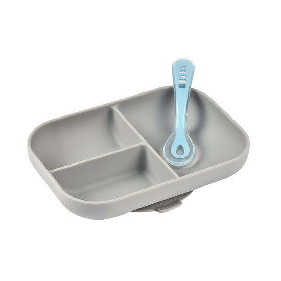 Béaba Silicone Suction Compartment Plate Grey at Baby City