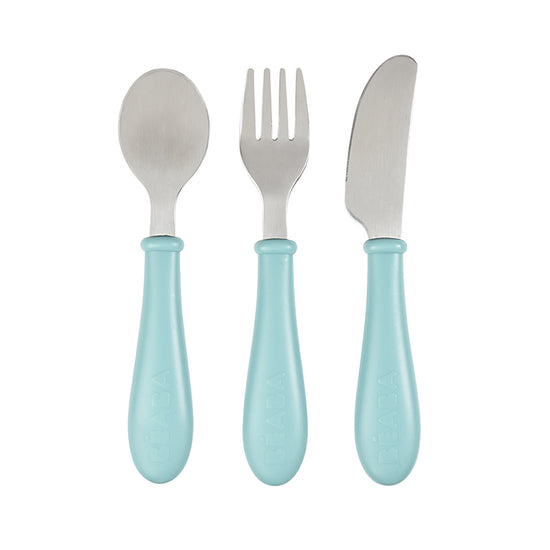 Béaba Stainless Steel Training Cutlery Pale Blue at Baby City