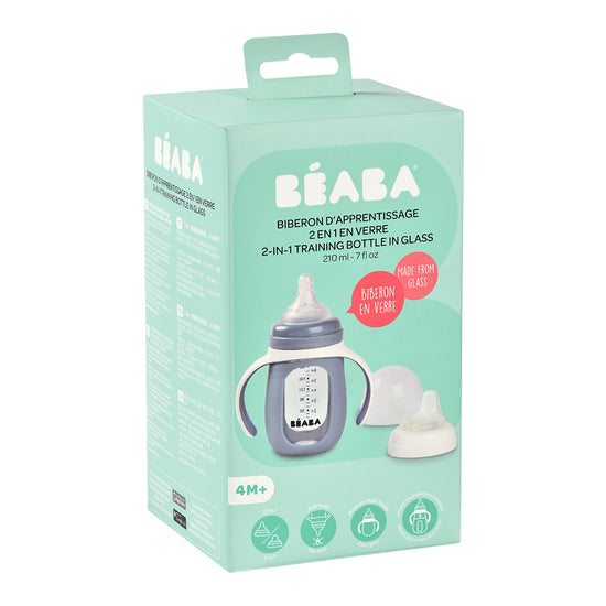 Béaba 2 In1 Glass Learning Bottle With Silicone Cover Blue 210ml at Baby City's Shop
