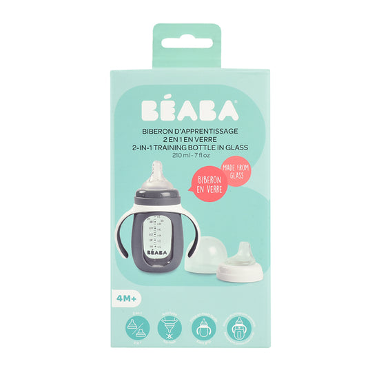 Béaba 2 In1 Glass Learning Bottle With Silicone Cover Mineral Grey 210ml at Baby City's Shop