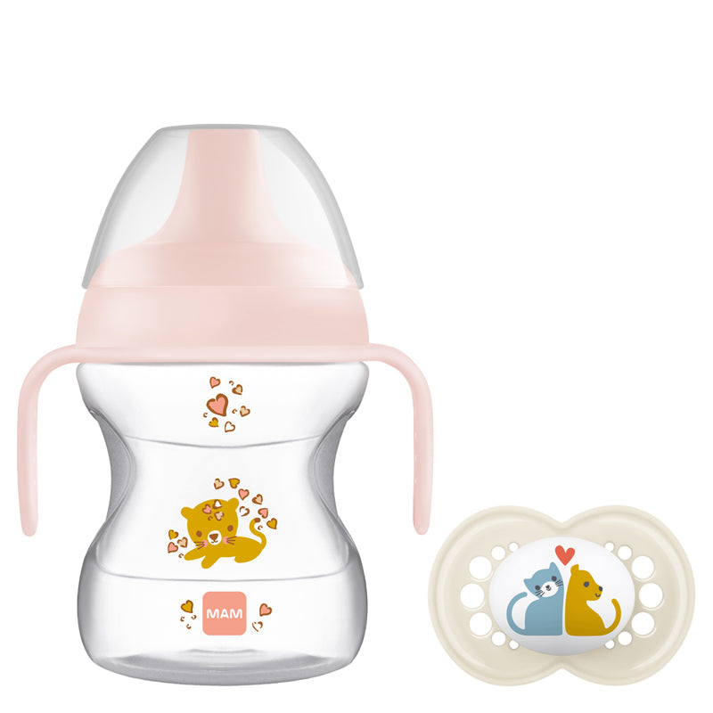 MAM Learn to Drink Cup Pink 190ml with Handles and Soother at Baby City