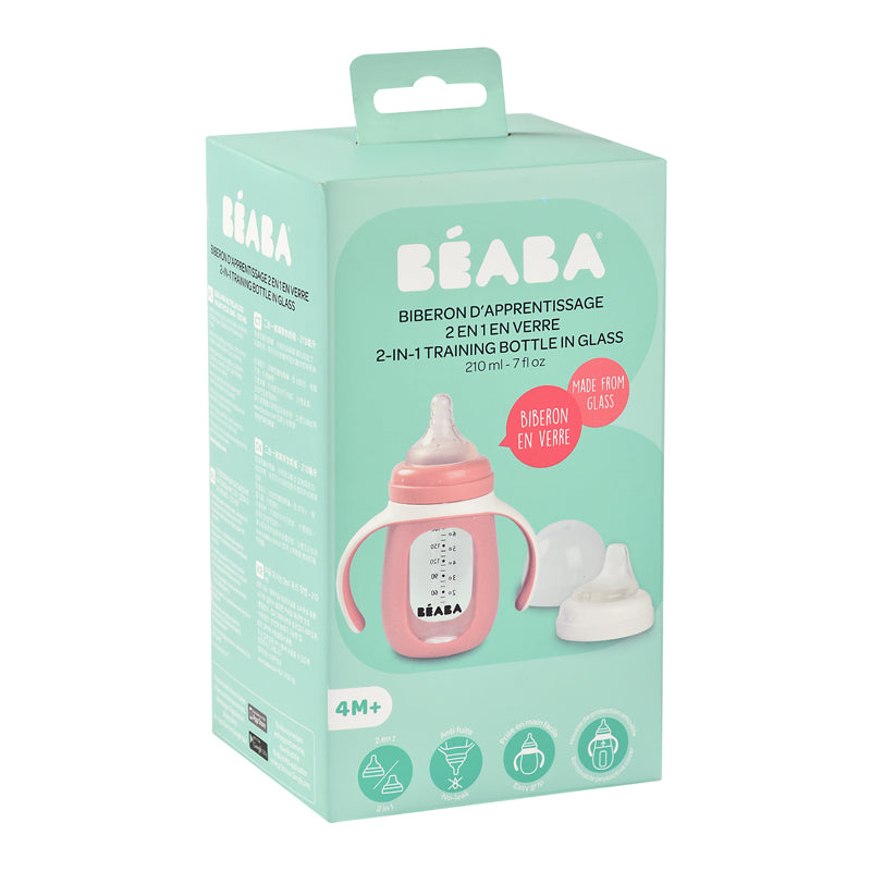 Béaba 2 In1 Glass Learning Bottle With Silicone Cover Pink 210ml l Baby City UK Retailer