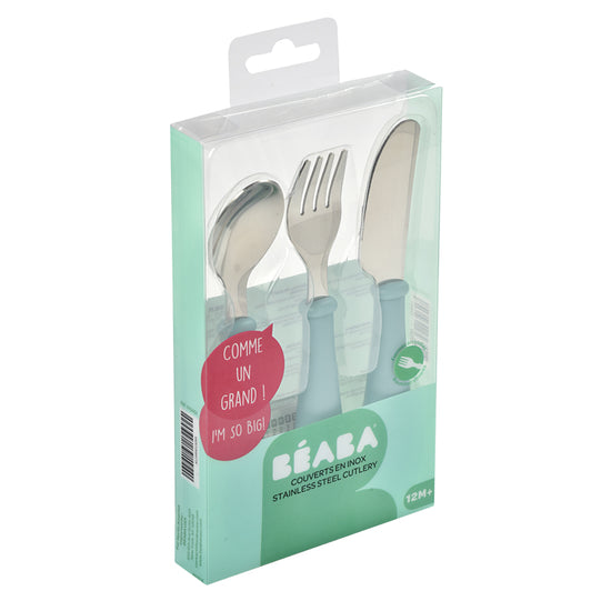 Béaba Stainless Steel Training Cutlery Pale Blue at The Baby City Store