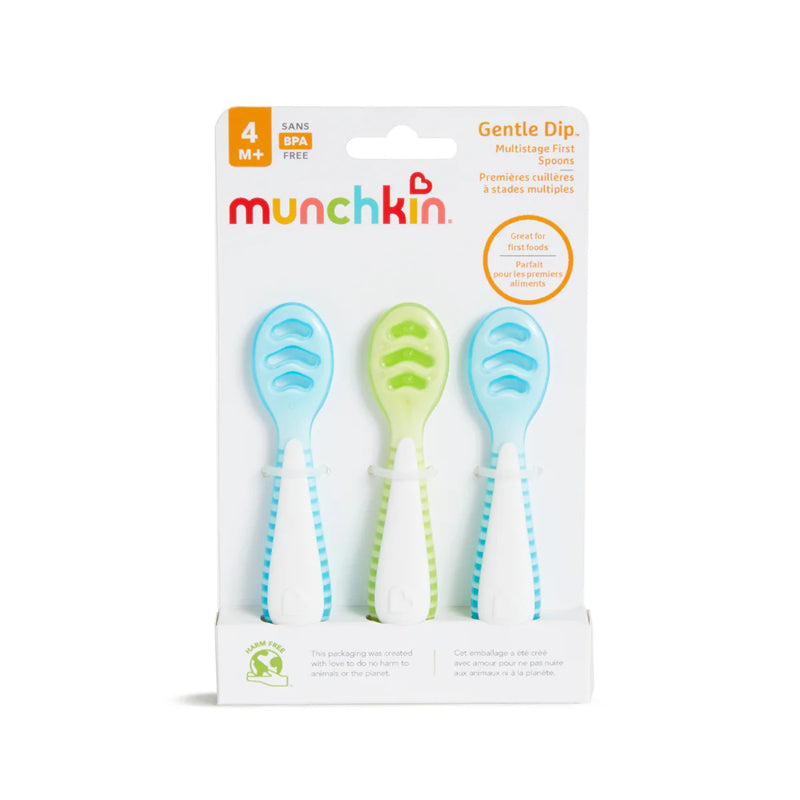 Munchkin Gentle Dip Multistage First Spoons Blue Green 3Pk l For Sale at Baby City