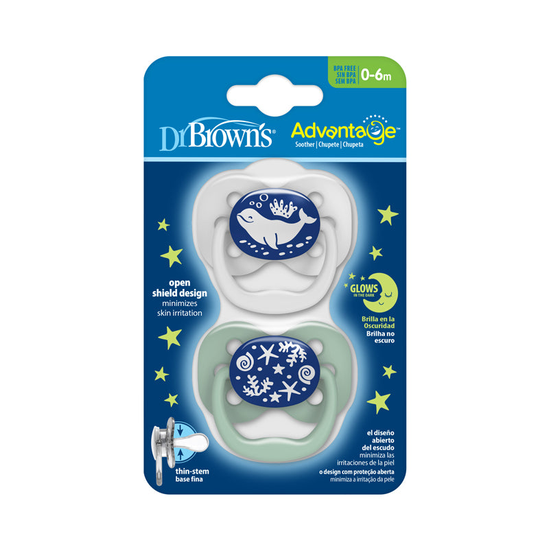 Dr Brown's Advantage Glow in the Dark Soother Blue 0-6m 2Pk l To Buy at Baby City