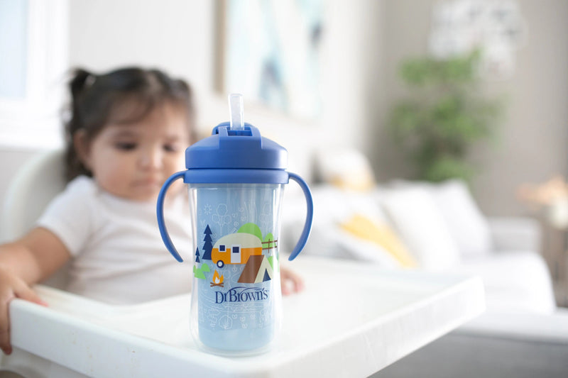 Dr Brown's Insulated Straw Cup with Handles 12m+ Blue Camping 300ml l Baby City UK Stockist