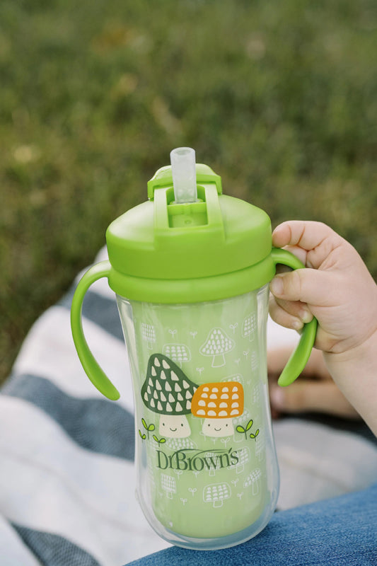 Dr Brown's Insulated Straw Cup with Handles 12m+ Green Mushrooms 300ml l To Buy at Baby City