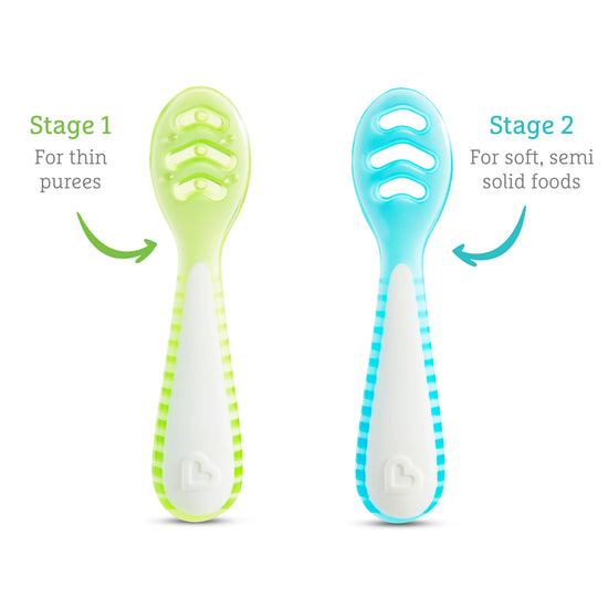 Munchkin Gentle Dip Multistage First Spoons Blue Green 3Pk l To Buy at Baby City