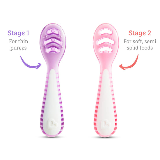Munchkin Gentle Dip Multistage First Spoons Pink Purple 3Pk l To Buy at Baby City