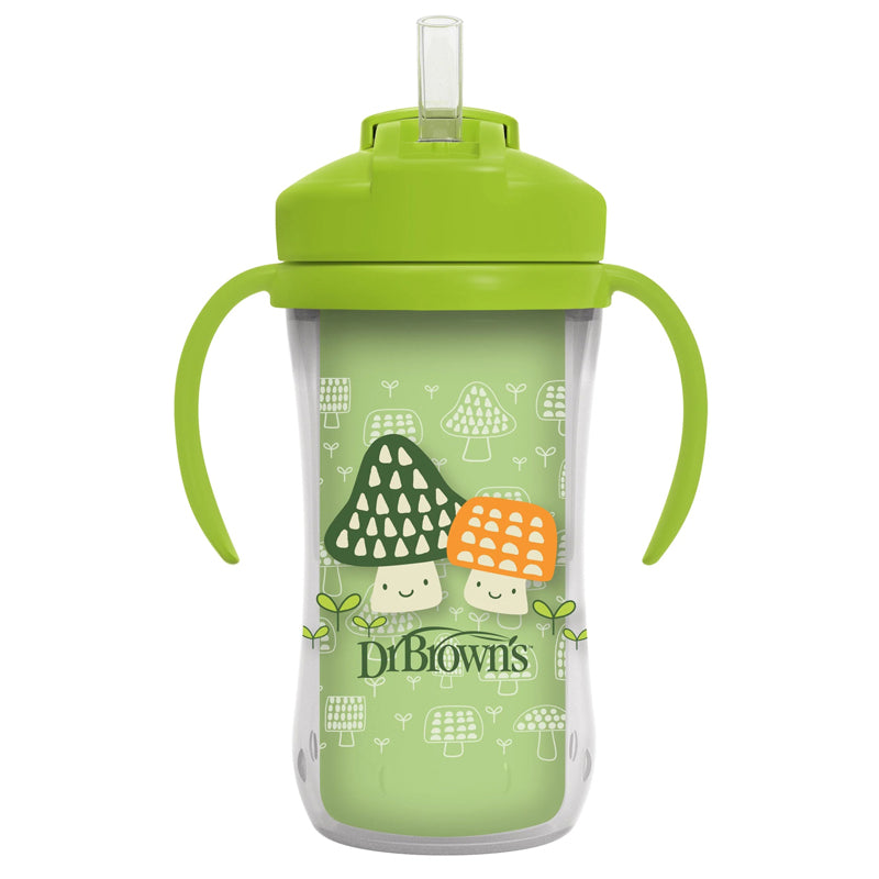 Dr Brown's Insulated Straw Cup with Handles 12m+ Green Mushrooms 300ml at Baby City