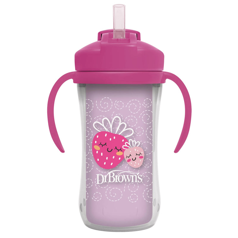 Dr Brown's Insulated Straw Cup with Handles 12m+ Pink Strawberries 300ml at Baby City