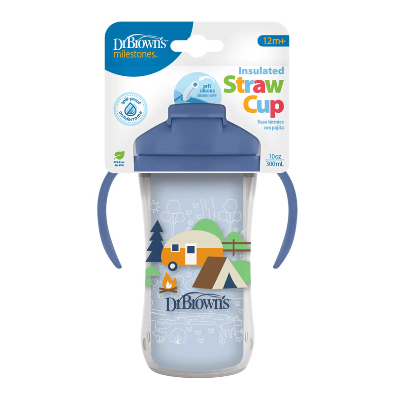 Dr Brown's Insulated Straw Cup with Handles 12m+ Blue Camping 300ml l Baby City UK Retailer