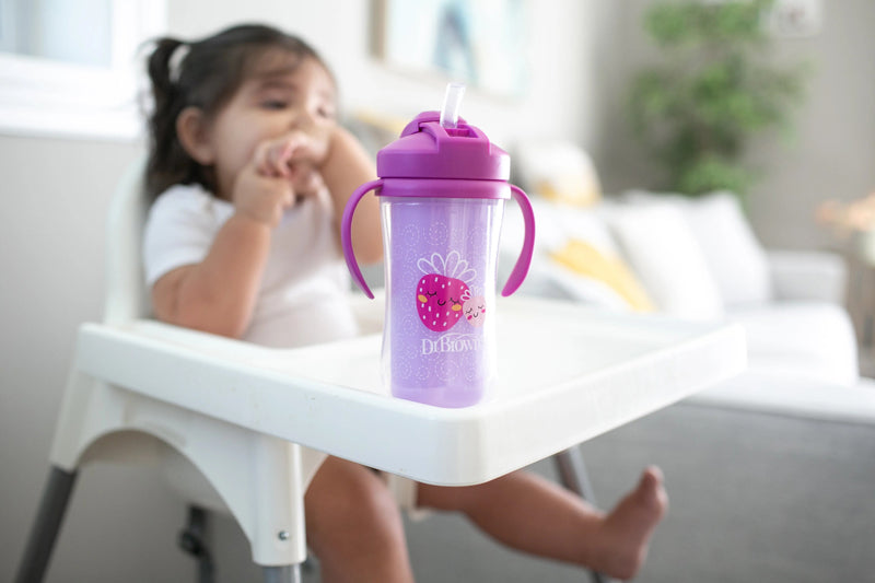 Dr Brown's Insulated Straw Cup with Handles 12m+ Pink Strawberries 300ml l Baby City UK Stockist