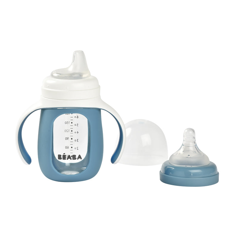 Béaba 2 In1 Glass Learning Bottle With Silicone Cover Blue 210ml at Baby City