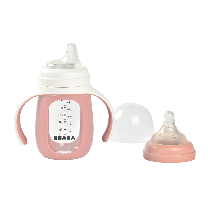 Béaba 2 In1 Glass Learning Bottle With Silicone Cover Pink 210ml at Baby City