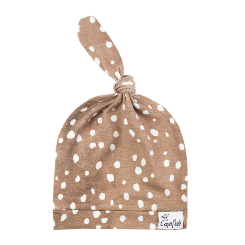 Copper Pearl Top Knot Hat Fawn 0-4m at Baby City