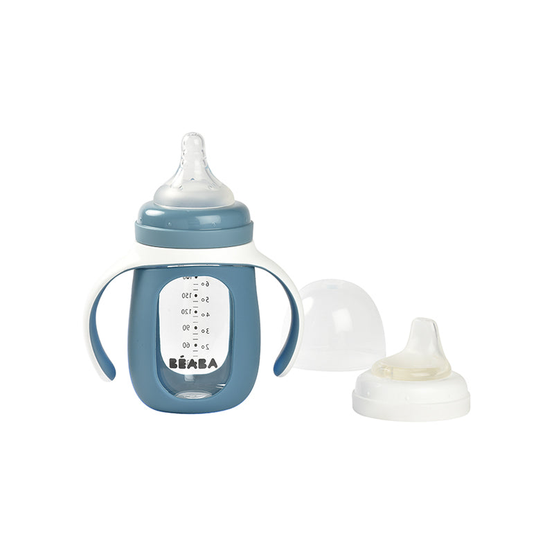 Béaba 2 In1 Glass Learning Bottle With Silicone Cover Blue 210ml l To Buy at Baby City