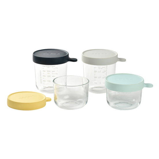 Béaba Glass Storage Jars Sky/Grey 4Pk l To Buy at Baby City
