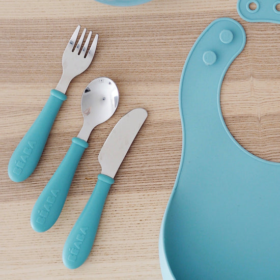 Béaba Stainless Steel Training Cutlery Pale Blue l To Buy at Baby City