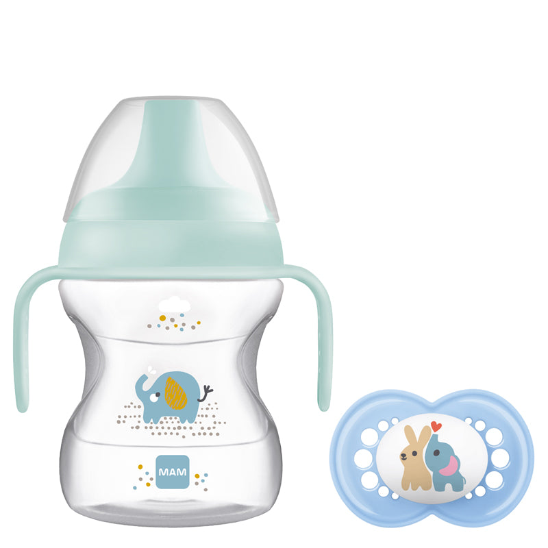 MAM Learn to Drink Cup Blue 190ml with Handles and Soother at Baby City