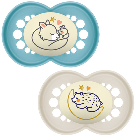 MAM Pure Night Soother Blue 16m+ 2Pk at Baby City