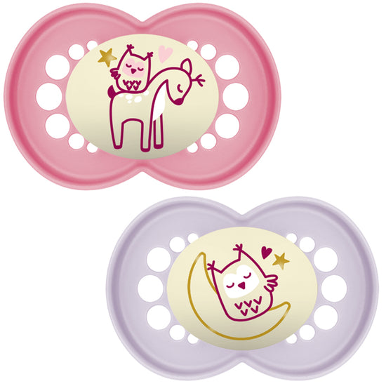 MAM Pure Night Soother Pink 6m+ 2Pk at Baby City