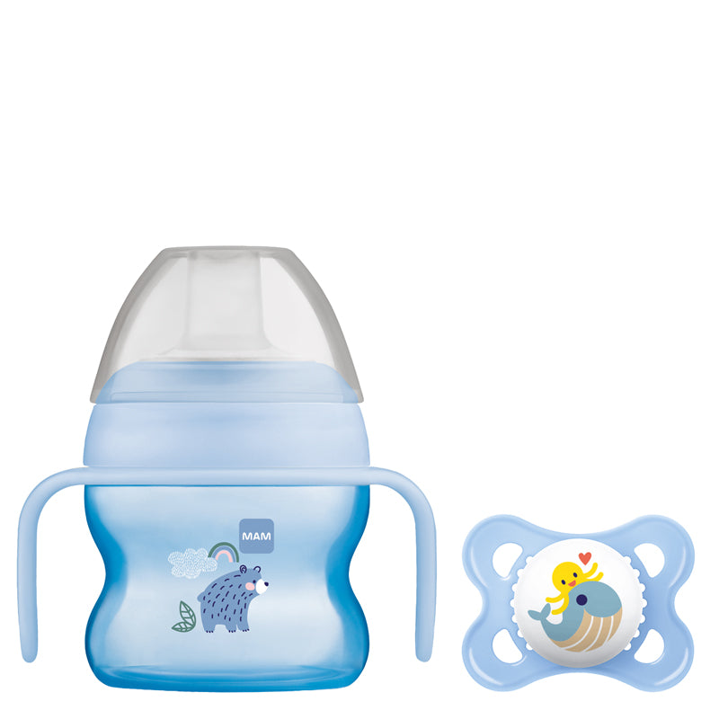 MAM Starter Cup Blue 150ml with Handles and Soother at Baby City