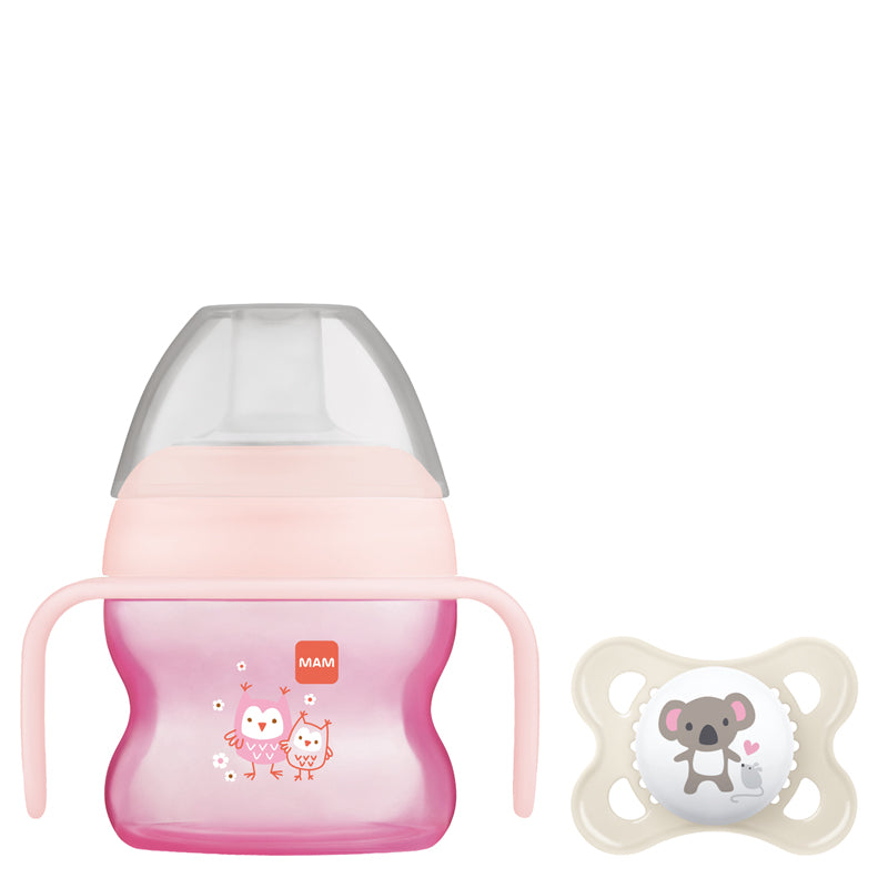 MAM Starter Cup Pink 150ml with Handles and Soother at Baby City