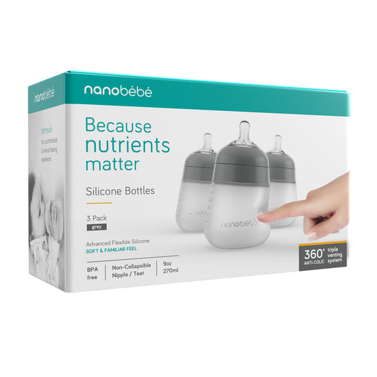 Baby City Retailer of Nanobébé Flexy Silicone Bottles Grey 270ml 3Pk