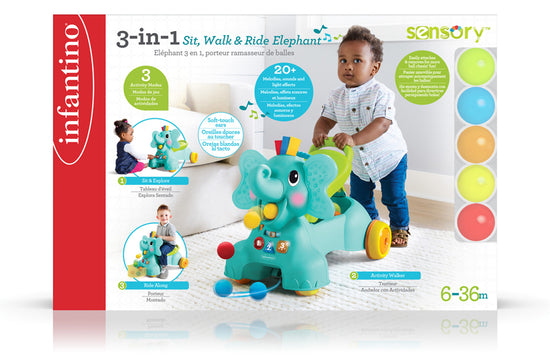 Baby City Retailer of Infantino 3-in-1 Sit, Walk & Ride Elephant