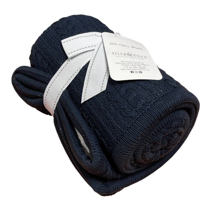 Silvercloud Cable Knit Blanket with Sherpa Reverse Navy Blue at Baby City