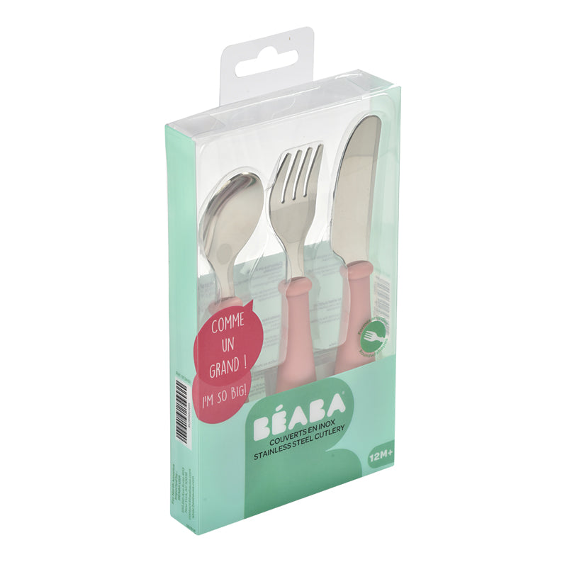 Béaba Stainless Steel Training Cutlery Pale Pink at The Baby City Store