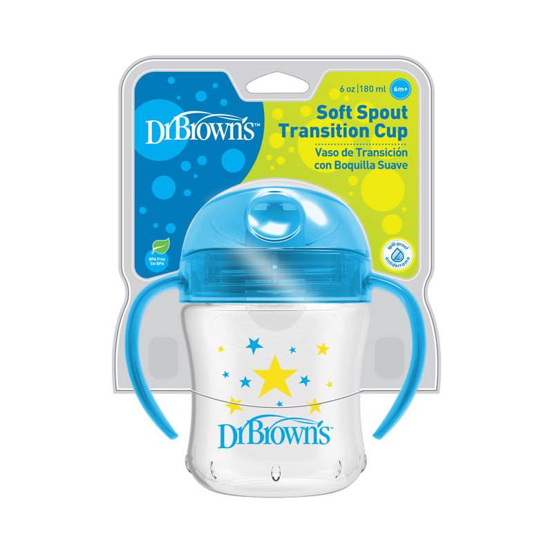 Dr Brown's Soft-Spout Transition Cup Blue Deco 180ml l Baby City UK Stockist